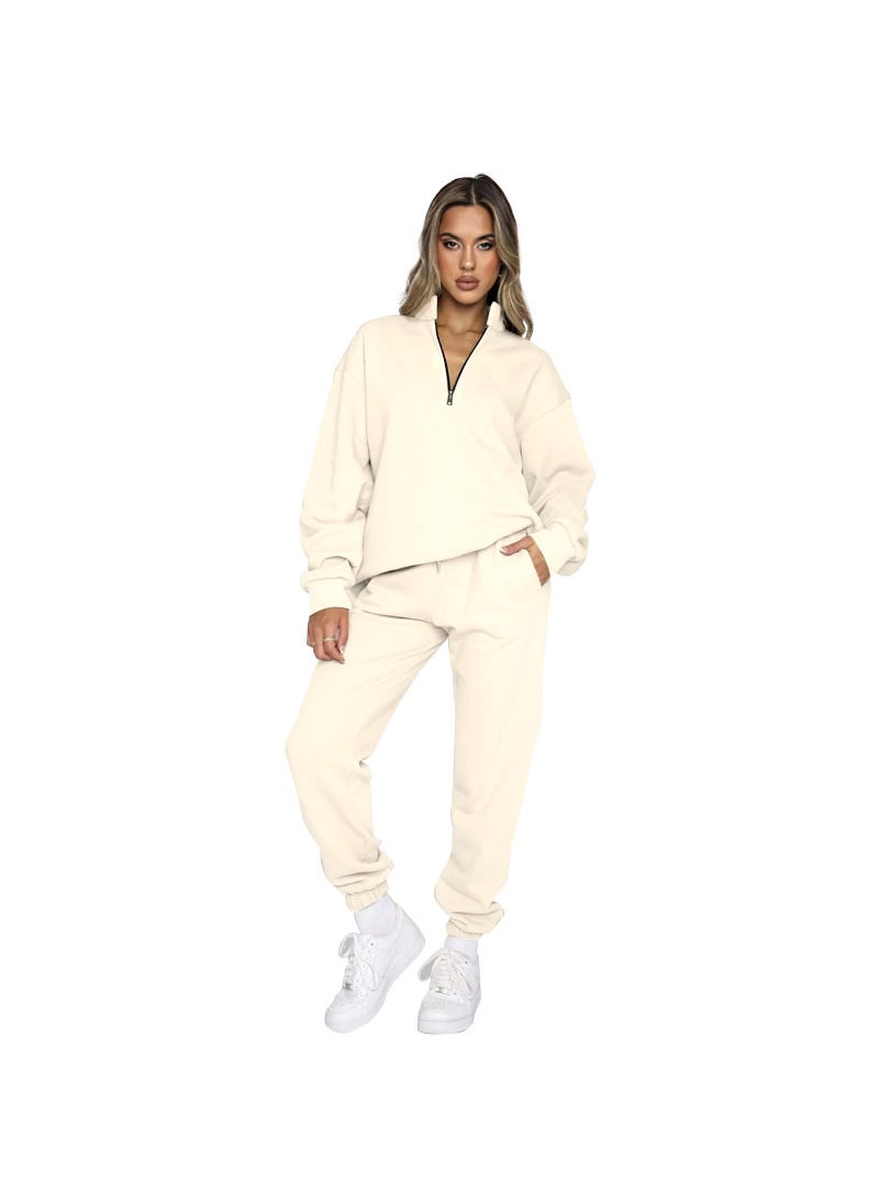 Generic - Autumn Winter Solid Zip-up Turtleneck Sweatshirt and Pants Set Apricot - Image 1