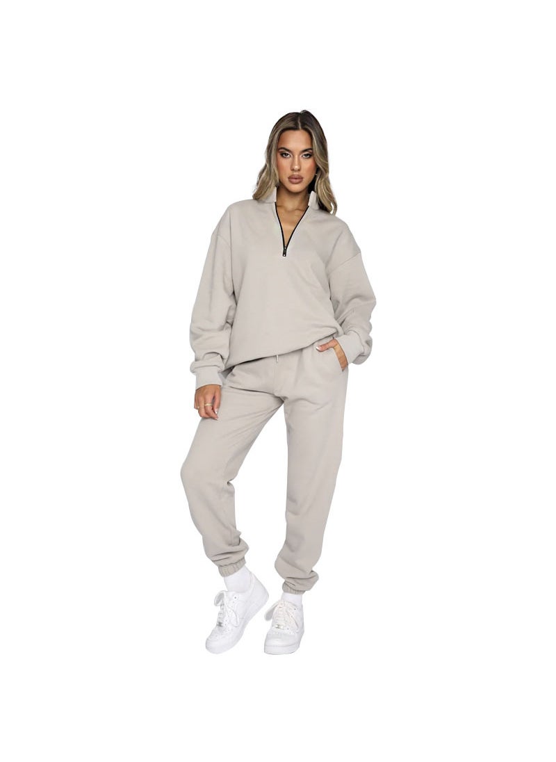 Generic - Autumn Winter Solid Zip-up Turtleneck Sweatshirt and Pants Set Apricot - Image 1