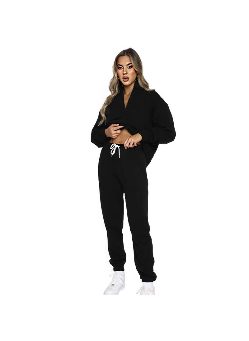 Generic - Autumn Winter Solid Zip-up Turtleneck Sweatshirt and Pants Set Apricot - Image 1