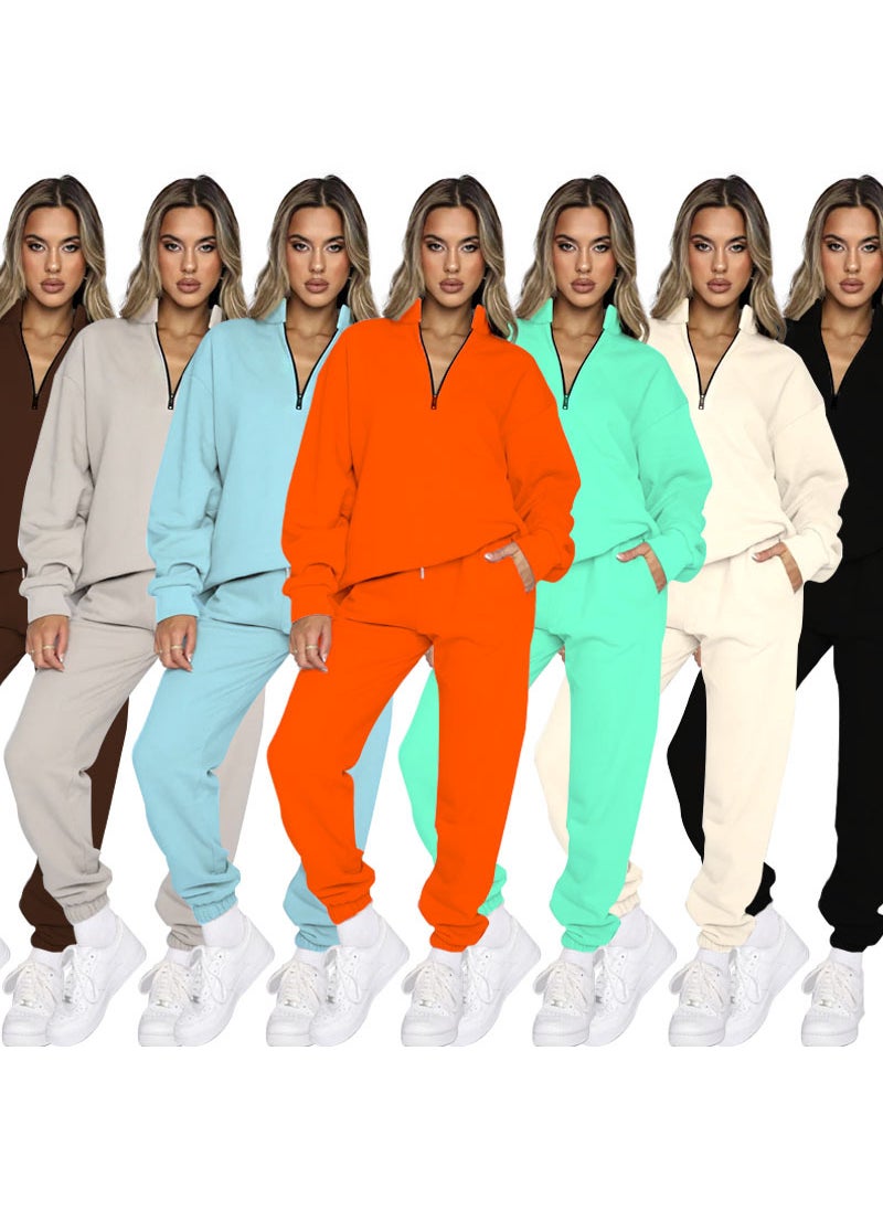Generic - Autumn Winter Solid Zip-up Turtleneck Sweatshirt and Pants Set Apricot - Image 1