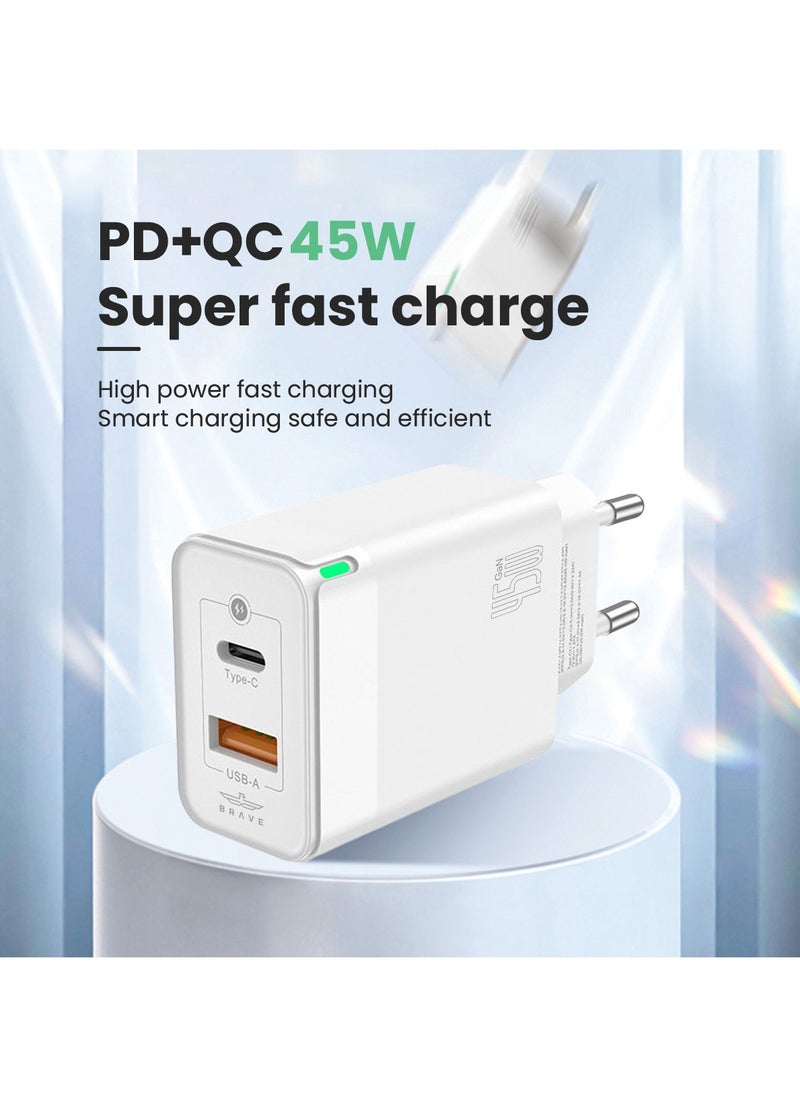 Brave USB C Fast Charger, 45W GaN Compact Smart Travel Wall Charger 2-Port PD 3.0 Type C Power Adapter Included USB C to Lightning Cable Compatible with iPhone 15/14/13/12 Series, Samsung S23 EU Plug  - Image 2