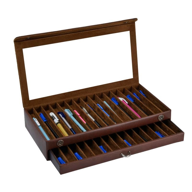 essart Faux Leather Two Level Pen Transparent Travel Accessories Display Organizer Box For 30 Pens In Snakebit-Brown Color - Image 2