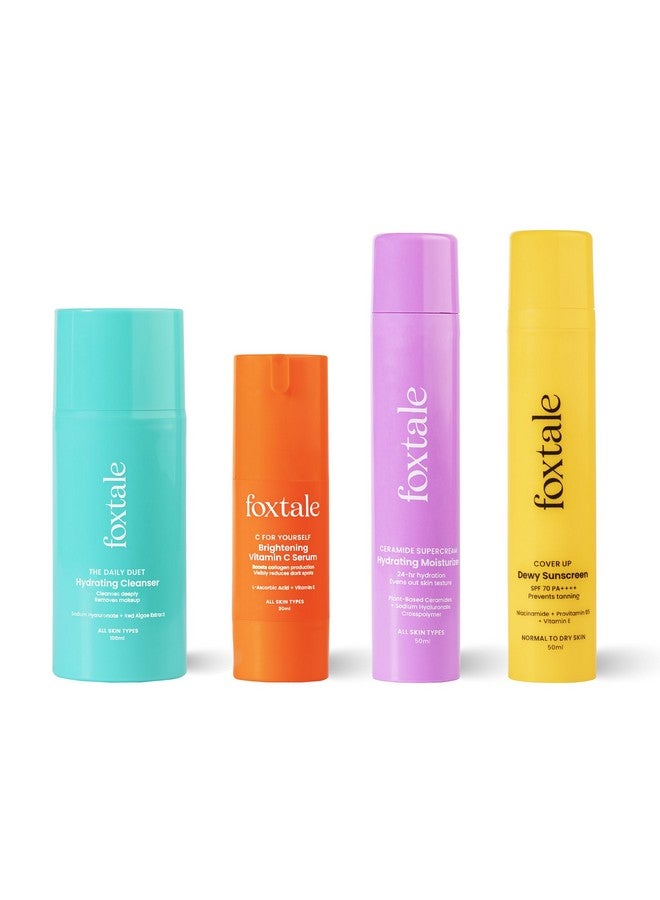 foxtale طقم العناية بالبشرة الصباحية للنساء والرجال | غسول وجه 100 مل، سيروم فيتامين سي 30 مل، مرطب سيراميد 50 مل، واقي شمس رطب SPF 70 50 مل | مجموعة هدايا العناية بالبشرة لبشرة متألقة - Image 1