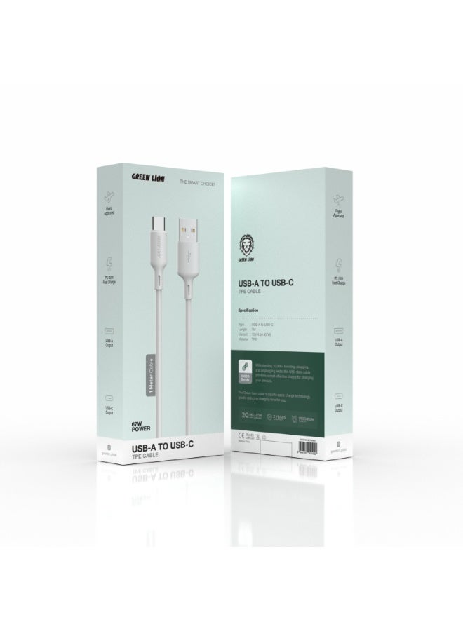 GREEN LION 67W USB-A to USB-C 1m Cable with PD 20W Fast Charging & Flight Approved / USB-A & USB-C Output / TPE Material / Fast & Secure / Charging & Data Transfer - White - Image 1