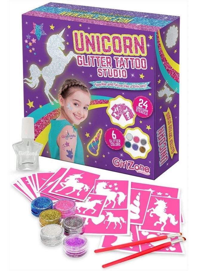 GirlZone - Unicorn Glitter Tattoo Studio, Easy To Use and Skin-Safe Kids Temporary Sparkle Tattoos for Creative Playtime, Fun Party Crafts for Kids - Image 1
