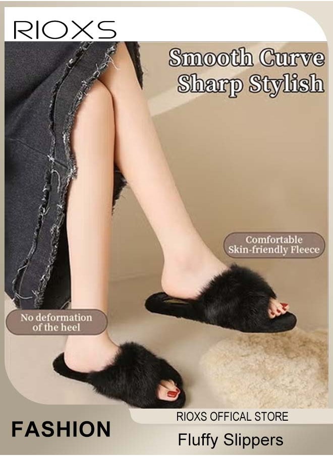 RIOXS Women's Cross Band Fluffy Slippers, Soft Cozy Open-toe House Shoes, Furry Warm Comfy Slip-ons for Indoor or Outdoor Use, High-quality Stylish Anti-Slide Slipper, Convenient for You to Put on or off  - Image 5