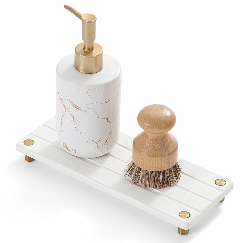Razborci Instant Dry Sink Caddy Kitchen Sink Organizer, Quick Drying Diatomaceous Earth Stone Sink Tray Sponge Holder Soap Dish, Bathroom Countertop Vanity Dispenser Toothbrush, Gold White, 10" x 4" - Image 1