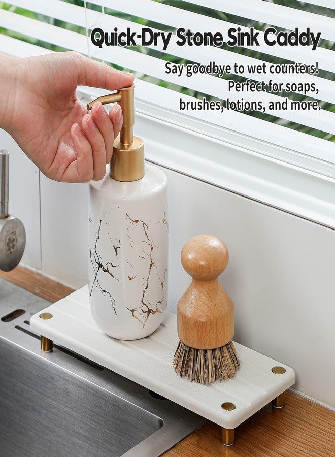 Razborci Instant Dry Sink Caddy Kitchen Sink Organizer, Quick Drying Diatomaceous Earth Stone Sink Tray Sponge Holder Soap Dish, Bathroom Countertop Vanity Dispenser Toothbrush, Gold White, 10" x 4" - Image 2