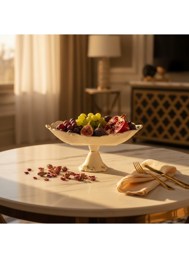 AKDC Angela Premium Footed Cream Ceramic Fruit Serving Bowl , 35x16cm, with Floral Design, Decorative Display Bowl - Image 2