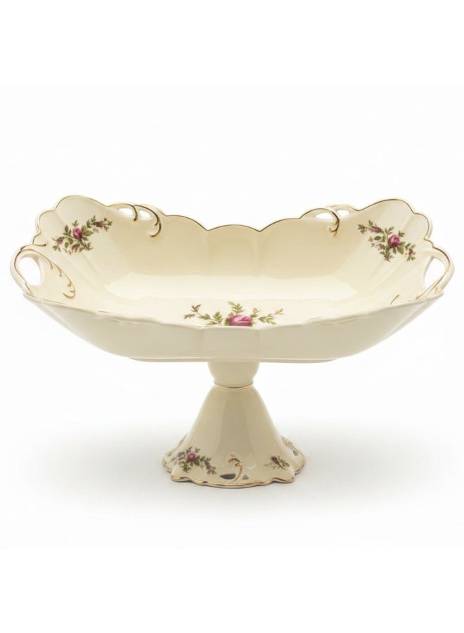 AKDC Angela Premium Footed Cream Ceramic Fruit Serving Bowl , 35x16cm, with Floral Design, Decorative Display Bowl - Image 1