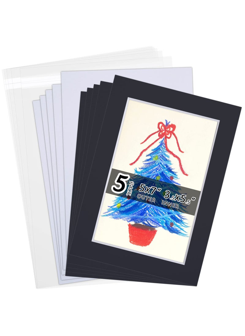 Falling In art Acid Free 5 Pack 5x7 PreCut Mat Board Show Kit for 4x6 Photos Prints or Artworks 5 Core Bevel Cut Matts and 5 Backing Boards and 5 Crystal Plastic Bags Black 