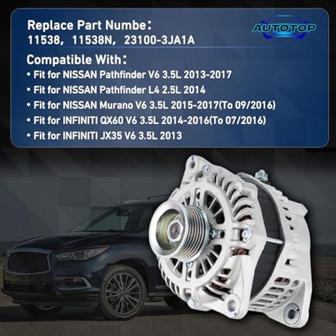 AUTOTOP Alternator 150 A 12 V FIT Nissan Pathfinder V6 3.5 L (2013-2017) / L4 2.5 L (2014), Murano V6 3.5 L (2015-2017), Infiniti QX60 & JX35 V6 3.5 L (2013-2016) Replace 11538 / 11538N / 23100-3JA1A - Image 2