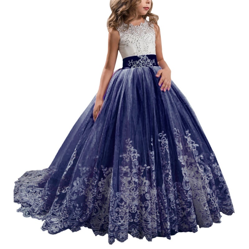 WDE Princess Navy Long Girls Pageant Dresses Kids Prom Puffy Tulle Ball Gown US 8 - Image 1