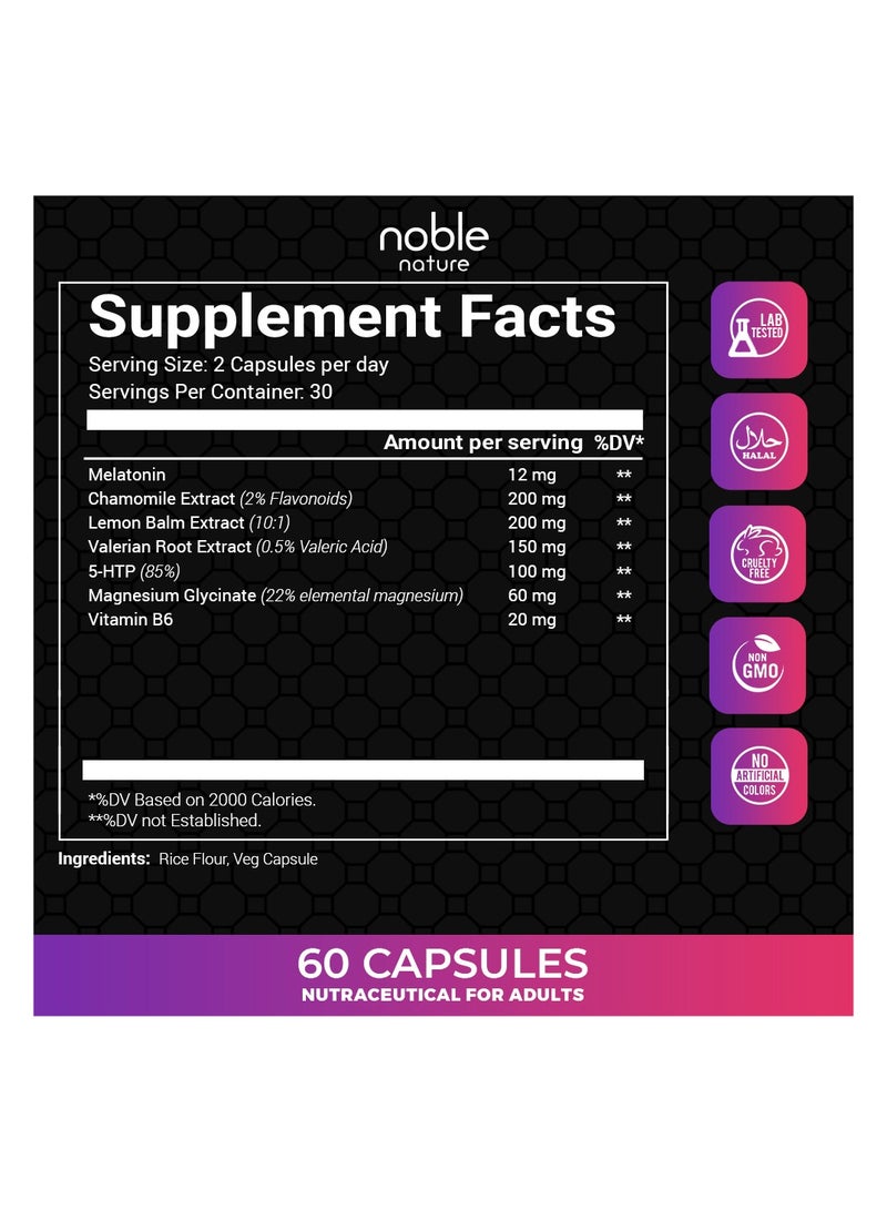نوبل نيتشر نوم هادئ - مع الميلاتونين، والبابونج، وبلسم الليمون، وحشيشة الهر، و5-هيدروكسيتريبتوفان، والمغنيسيوم، وفيتامين ب6 - 60 كبسولة نباتية - Image 2
