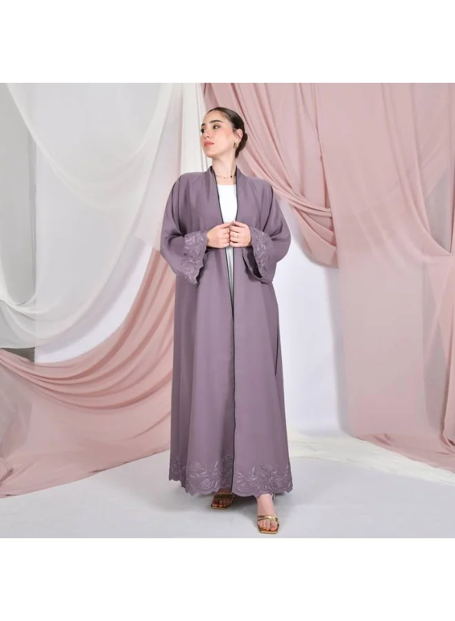 HAWRAA ABAYA Purple wrap abaya with a quarter-circle, made of summer fabric, with embroidery decorated with stones on the sleeves and the bottom of the abaya