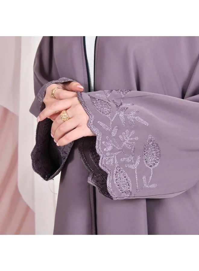 HAWRAA ABAYA Purple wrap abaya with a quarter-circle, made of summer fabric, with embroidery decorated with stones on the sleeves and the bottom of the abaya