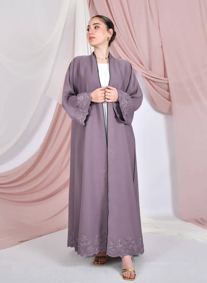 HAWRAA ABAYA Purple wrap abaya with a quarter-circle, made of summer fabric, with embroidery decorated with stones on the sleeves and the bottom of the abaya