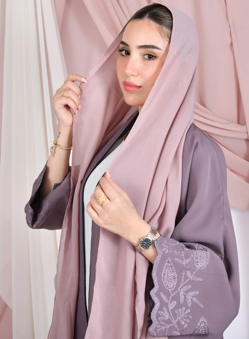 HAWRAA ABAYA Purple wrap abaya with a quarter-circle, made of summer fabric, with embroidery decorated with stones on the sleeves and the bottom of the abaya