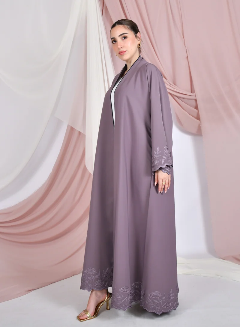 HAWRAA ABAYA Purple wrap abaya with a quarter-circle, made of summer fabric, with embroidery decorated with stones on the sleeves and the bottom of the abaya