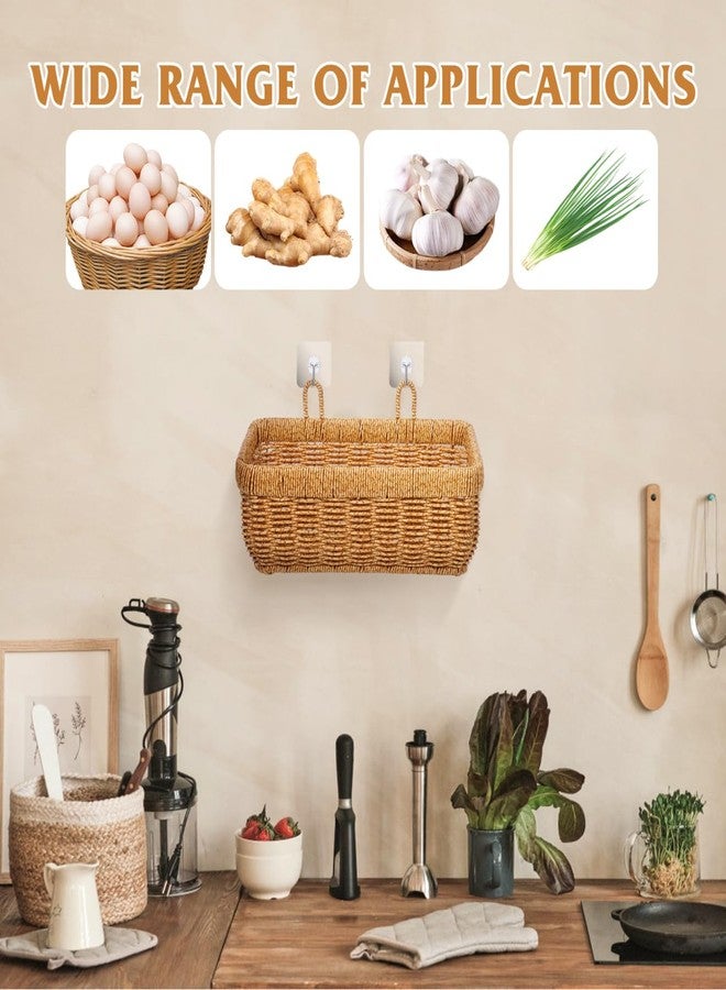 PRETYZOOM Woven Hanging Wall Baskets, Small Boho Natural Wicker Storage Organizer with 2 Hooks, Home Kitchen Bathroom Rattan Basket for Fruits, Food, Towel - 11 inch - Image 2