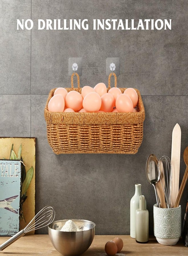 PRETYZOOM Woven Hanging Wall Baskets, Small Boho Natural Wicker Storage Organizer with 2 Hooks, Home Kitchen Bathroom Rattan Basket for Fruits, Food, Towel - 11 inch - Image 5