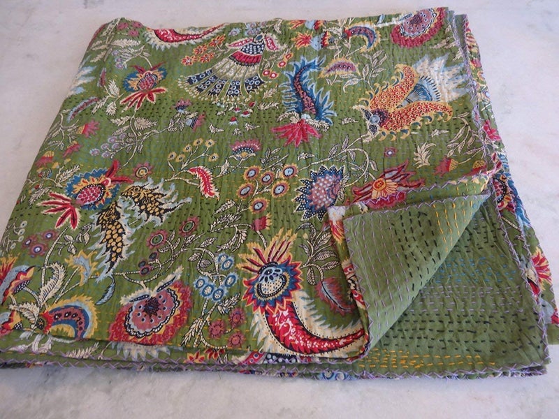 Textile art Creations Creations Traditional Ethnic Kantha Indian Bedding Emerald Cotton Tropical Fruit Hand Stitched Bedding Bed Cover by Textile art Creations Creations90x108 Inch - Image 1