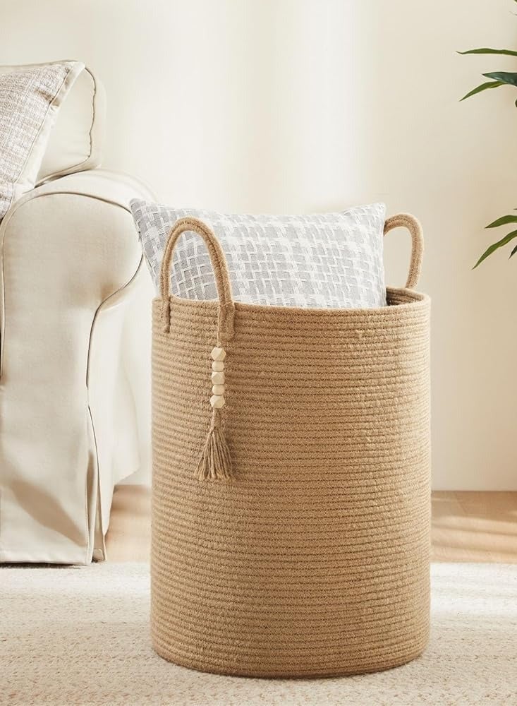 Goodpick Woven Laundry Basket Decorative Blanket Basket for Living Room, Tall Storage Basket for Clothes, Toys, Towels, Wicker Laundry Hamper 15 x 20 Inches, White and Jute,58L  - Image 3