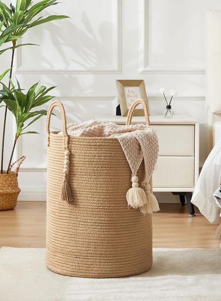 Goodpick Woven Laundry Basket Decorative Blanket Basket for Living Room, Tall Storage Basket for Clothes, Toys, Towels, Wicker Laundry Hamper 15 x 20 Inches, White and Jute,58L  - Image 2