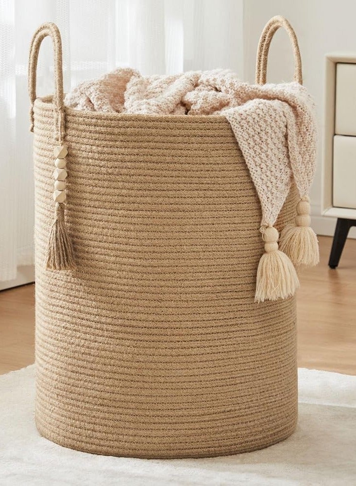 Goodpick Woven Laundry Basket Decorative Blanket Basket for Living Room, Tall Storage Basket for Clothes, Toys, Towels, Wicker Laundry Hamper 15 x 20 Inches, White and Jute,58L  - Image 1