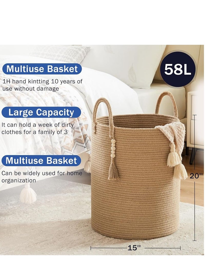 Goodpick Woven Laundry Basket Decorative Blanket Basket for Living Room, Tall Storage Basket for Clothes, Toys, Towels, Wicker Laundry Hamper 15 x 20 Inches, White and Jute,58L  - Image 4