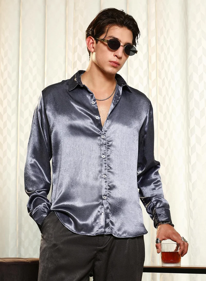 Campus Sutra Campus Sutra Men's Charcoal Grey Solid Satin Shirt | Tailored Fit Long Sleeve Spread Collar Solid Pattern | Premium Satin Fabric & Woven Texture For Club & Formal Wear