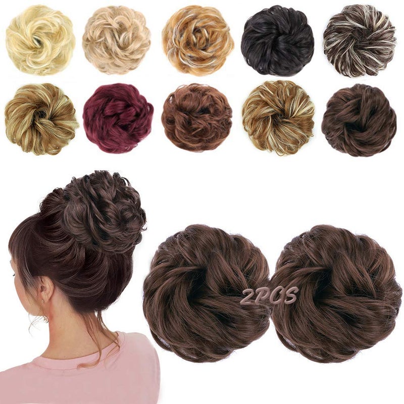 MORICA 2Piece Messy Bun Hair Pieces  Synthetic Curly Wavy Chignon Ponytail Scrunchies for Thin Hair  Medium Brown