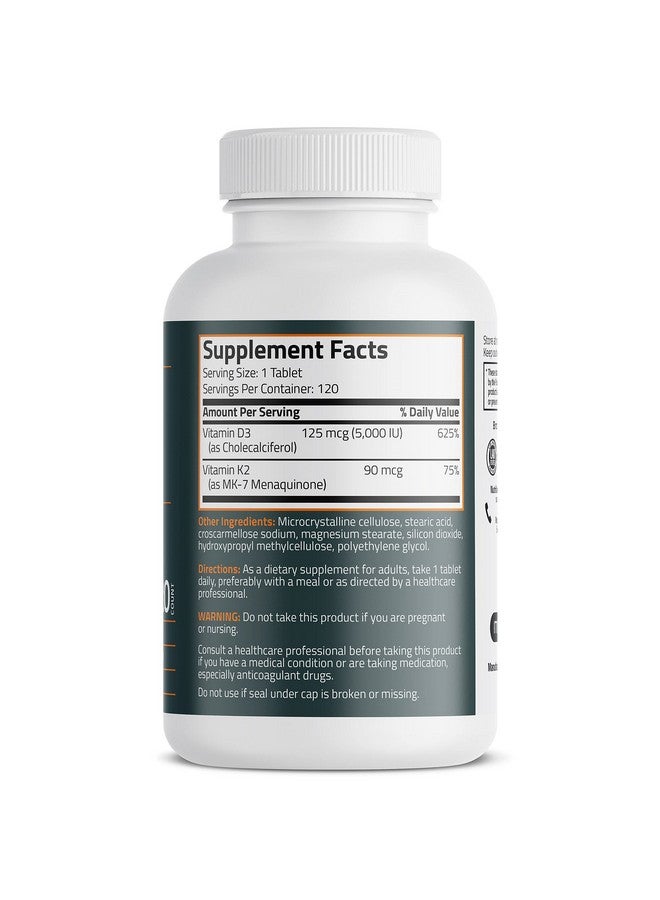 Bronson Vitamin K2 D3 Mk7 Supplement Nongmo Formula 5000Iu 125 Mcg Vitamin D3  90 Mcg Vitamin K2 Mk7 Easy To Swallow Vitamin D  K Complex 120 Tablets  - Image 3