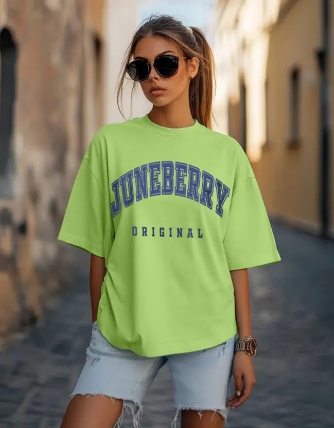 JUNEBERRY® 100% Pure Cotton Oversized Drop Shoulders Brand Logo Typography Print Round-Neck Relaxed Fit Green T-Shirt for Women (JB_OS_100_JBORGNL_GRN132_M) - Image 2