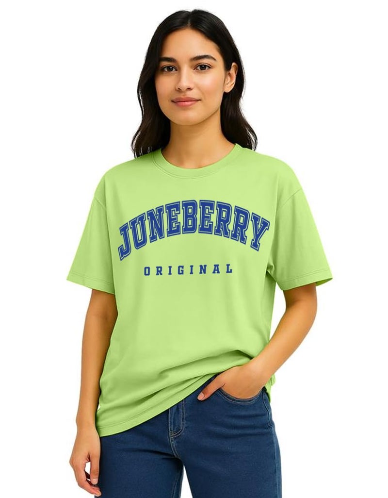 JUNEBERRY® 100% Pure Cotton Oversized Drop Shoulders Brand Logo Typography Print Round-Neck Relaxed Fit Green T-Shirt for Women (JB_OS_100_JBORGNL_GRN132_M) - Image 1