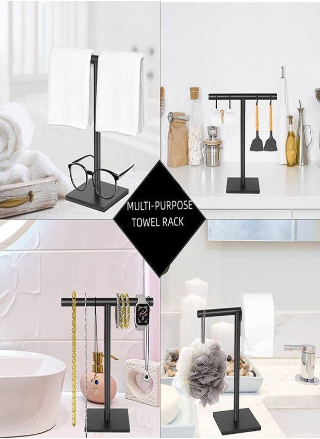 Stainless Steel T-Shaped Matte Black Freestanding Hand Towel Holder Rack with Square Base for Bathroom Kitchen Countertop