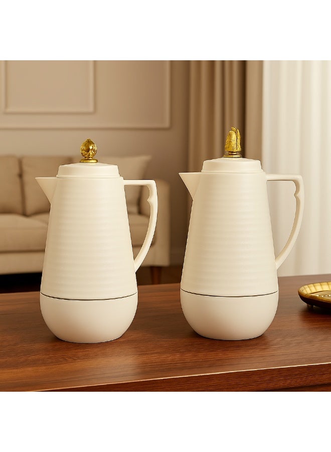 Home Master 2-Piece Thermal Tea and Coffee Flask Set – Elegant Off-White Design with Golden Decorative Lid, Keeps Hot and Cold Beverages for Hours, Perfect for Serving and Hospitality - Image 4