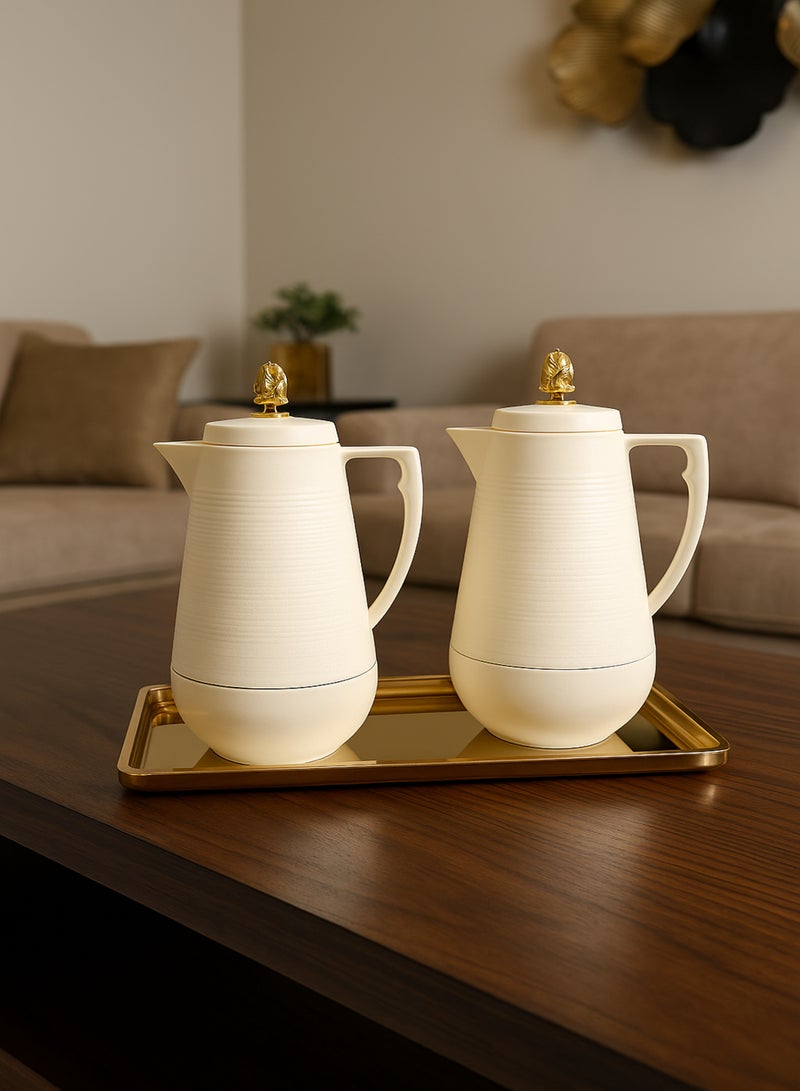Home Master 2-Piece Thermal Tea and Coffee Flask Set – Elegant Off-White Design with Golden Decorative Lid, Keeps Hot and Cold Beverages for Hours, Perfect for Serving and Hospitality - Image 3