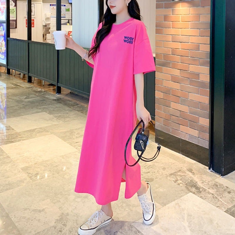 Korea Plus-Size Tee Dress Summer Womens Casual Split Long T-Shirt rose red - Image 1