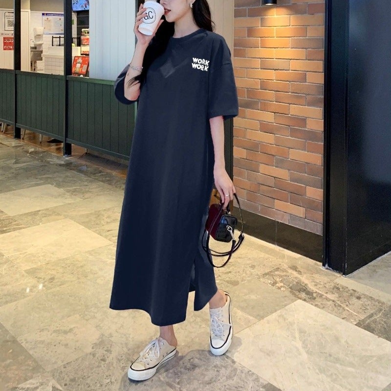 Korea Plus-Size Tee Dress Summer Womens Casual Split Long T-Shirt rose red - Image 2