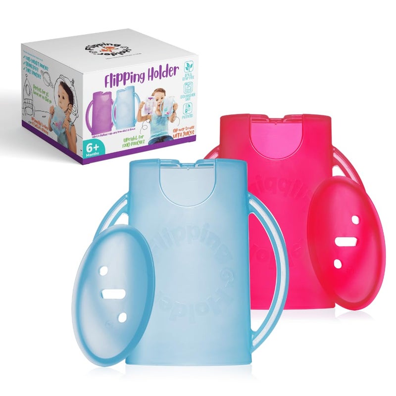 Flipping Holder Squeeze Proof Food Pouch Holder for Toddlers, Babies, Kids, Mess Free No Squeeze Juice Box Drink and Applesauce Snack Holder with Easy Grip Handles and Lid - Image 1