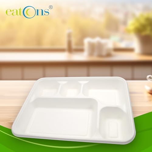 EATONS 5 Compartment Bagasse Meal Tray with Lid (50 Pack) | 11.4” Eco-Friendly Disposable Plates | Heavy Duty, Leak-Proof, Compostable Sugarcane Food Containers for Parties & Takeaway - Image 5