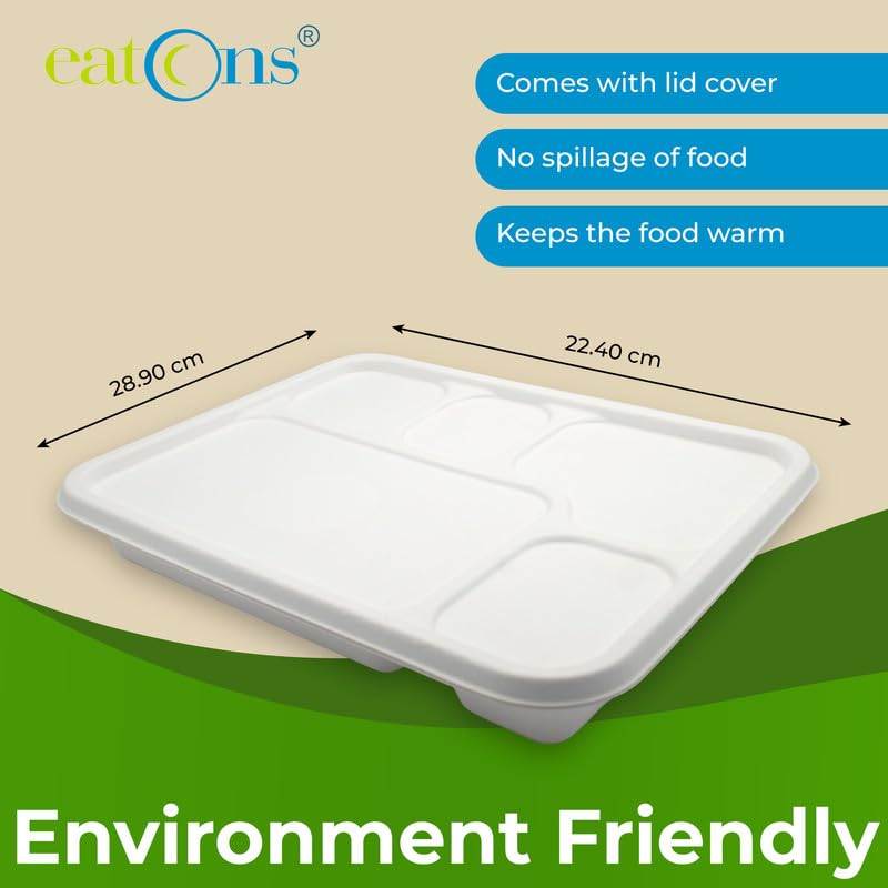 EATONS 5 Compartment Bagasse Meal Tray with Lid (50 Pack) | 11.4” Eco-Friendly Disposable Plates | Heavy Duty, Leak-Proof, Compostable Sugarcane Food Containers for Parties & Takeaway - Image 3