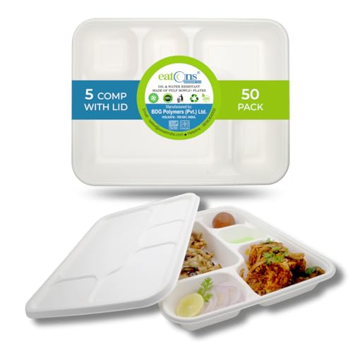 EATONS 5 Compartment Bagasse Meal Tray with Lid (50 Pack) | 11.4” Eco-Friendly Disposable Plates | Heavy Duty, Leak-Proof, Compostable Sugarcane Food Containers for Parties & Takeaway - Image 1