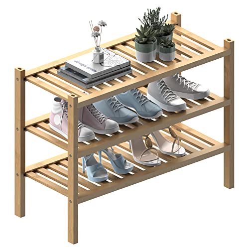 ROMGUAR CRAFT (Thick Bamboo Shoe Rack for Entryway, 3-Tier Free Standing Shoe Racks Stackable Shoe Rack Organizer for Hallway Closet Living Room 27 x12 x21 Inches - Image 1