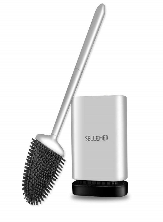Sellemer طقم فرشاة المرحاض وحاملها من سيليمر - رأس فرشاة مرن لحوض المرحاض بشعيرات سيليكون، حجم صغير للتخزين والتنظيم، قاعدة بفتحات تهوية (عبوة واحدة، فضي) - Image 1