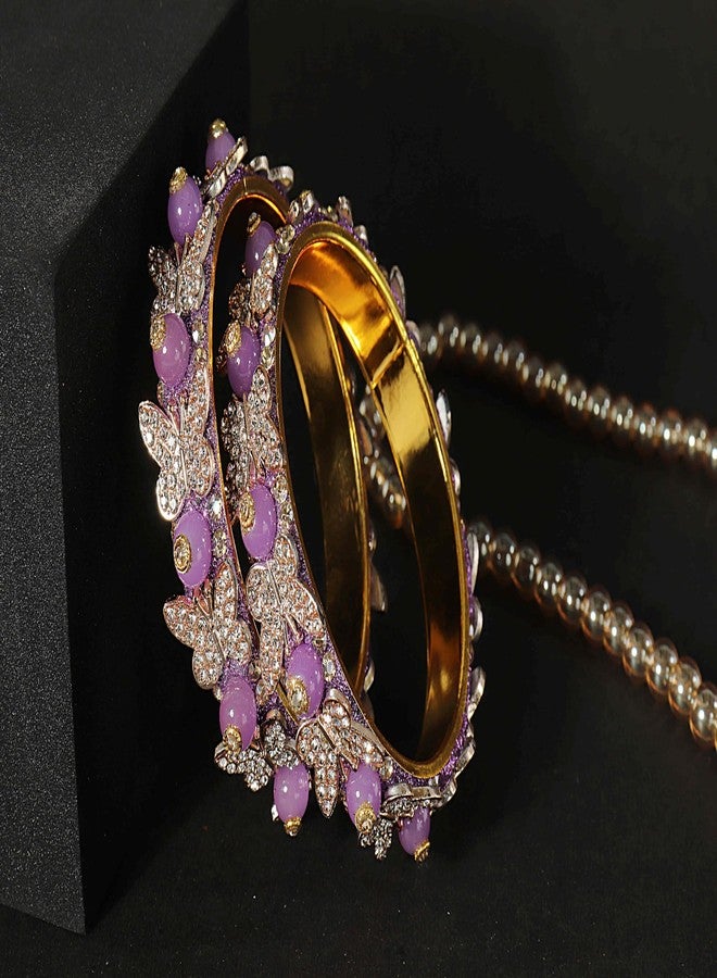 LAVAZZA Stylish Butterfly Design Golden Metal Zircon Diamond & Pearls Bangle Set For Women & Girls | Purple Colour | Diamond & Rajasthani Bangles | Golden Kada-(RDB1-Purple-2.6) - Image 3