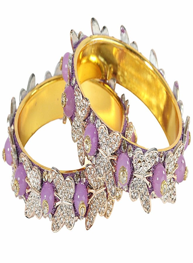 LAVAZZA Stylish Butterfly Design Golden Metal Zircon Diamond & Pearls Bangle Set For Women & Girls | Purple Colour | Diamond & Rajasthani Bangles | Golden Kada-(RDB1-Purple-2.6) - Image 2
