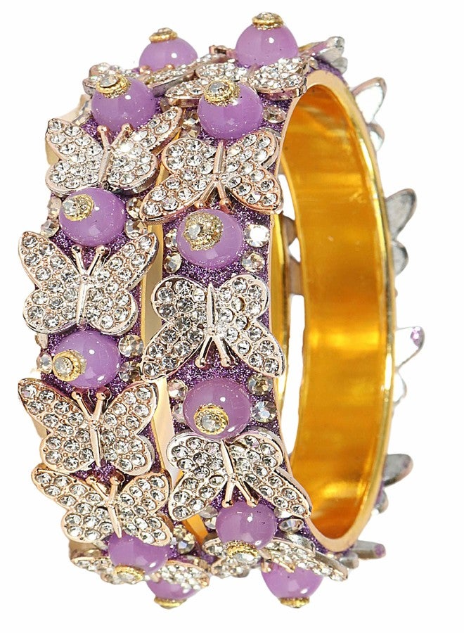 LAVAZZA Stylish Butterfly Design Golden Metal Zircon Diamond & Pearls Bangle Set For Women & Girls | Purple Colour | Diamond & Rajasthani Bangles | Golden Kada-(RDB1-Purple-2.6) - Image 1