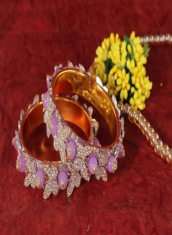LAVAZZA Stylish Butterfly Design Golden Metal Zircon Diamond & Pearls Bangle Set For Women & Girls | Purple Colour | Diamond & Rajasthani Bangles | Golden Kada-(RDB1-Purple-2.6) - Image 4
